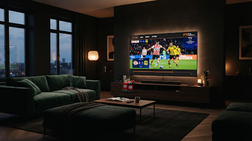 Moderne woonkamer met IPTV televisie voor IPTV gids artikel