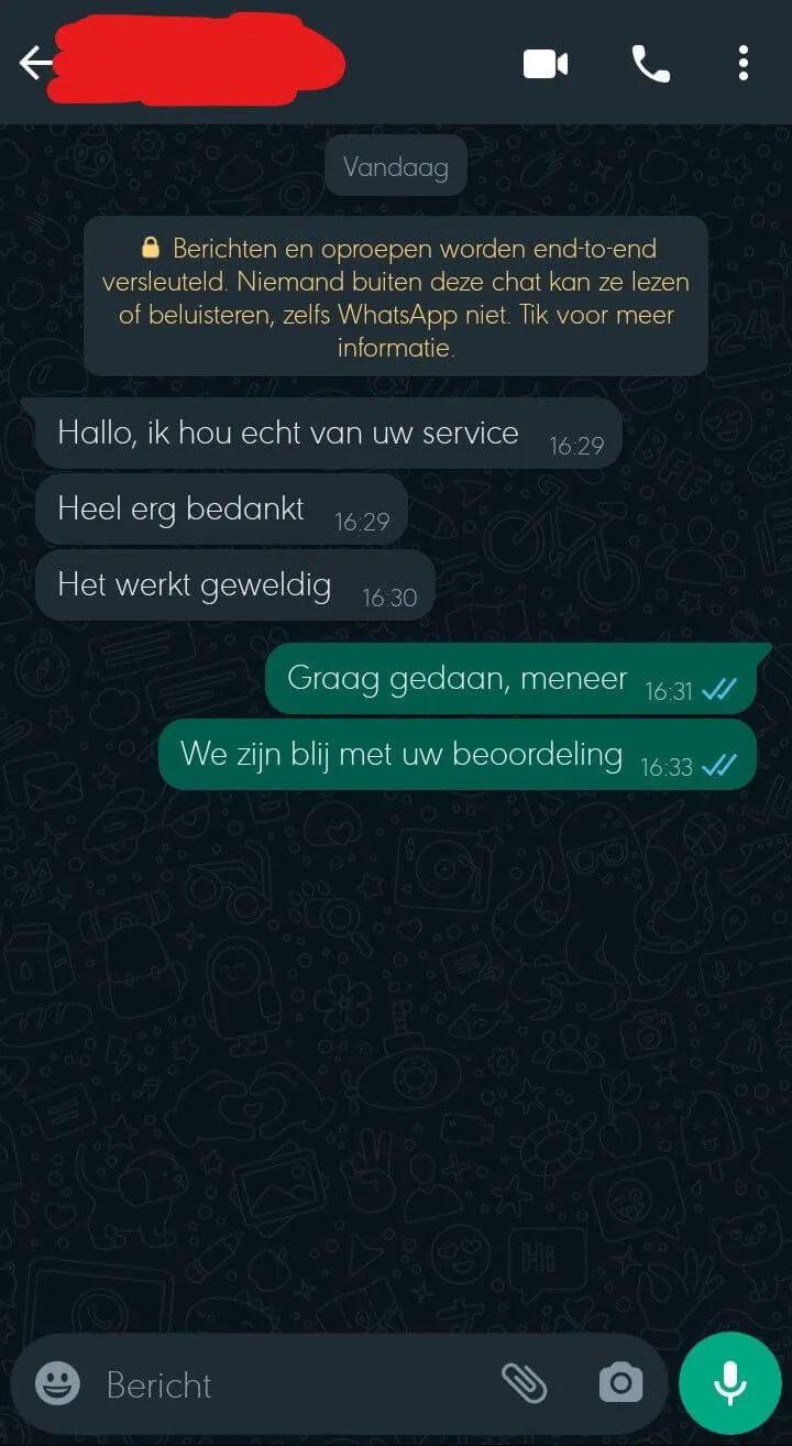 WhatsApp klantenservice gesprek voorbeeld 1