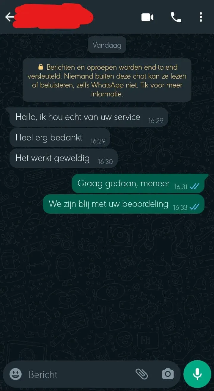 WhatsApp klantenservice gesprek voorbeeld 1